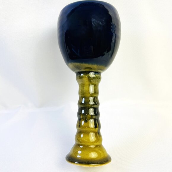 Handcrafted Pottery Cobalt Blue & Brown Glazed Stem Goblet Two-Tone Stoneware - Picture 4 of 8